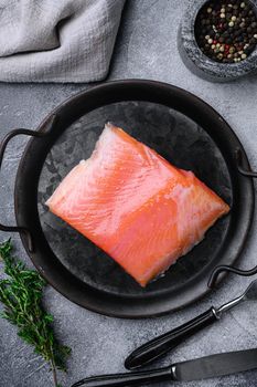Fresh fish. Salmon fillet set, on gray stone table background, top view flat lay