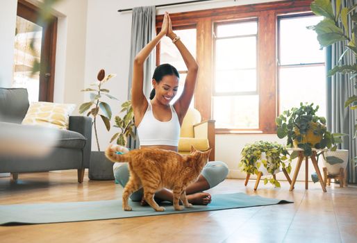 Training with the cutest furry companion. Shot of a sporty young woman meditating at home with her pet cat.