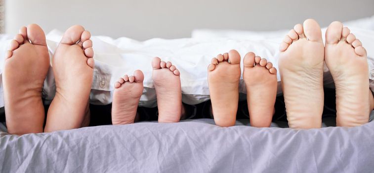 Feet of family lying in bed. Closeup of feet of parents and children in bed. Family relaxing in bed together. Below bare feet of family in bed. Kids resting in bed with their parents.