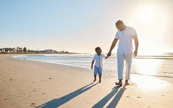 Dad is his number one person in the world. Shot of a father and his little son walking together on the beach.