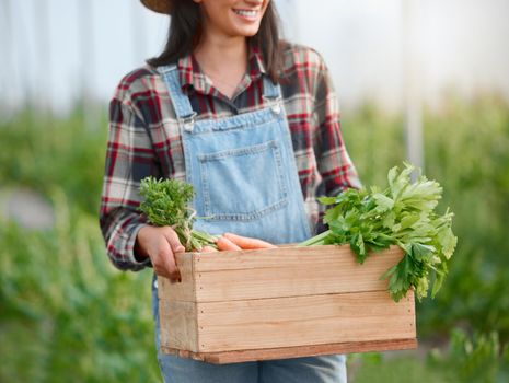 These are the loveliest rewards from nature. Closeup shot of an unrecognisable woman holding a crate of fresh produce on a farm.
