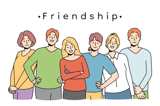Diverse young people standing together showing friendship and support. Multiethnic youth group togetherness. Teamwork and cooperation. Vector illustration.