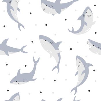 Cute playful vector sharks on a seamless childish pattern