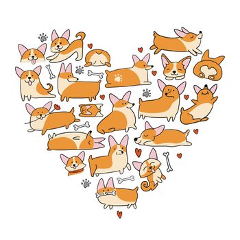 Corgi dogs. Funny Puppies collection. Heart concept for your design