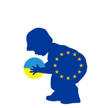 European Union helps Ukraine abstract illustration with child holding a ball colored in Ukraine flag colors