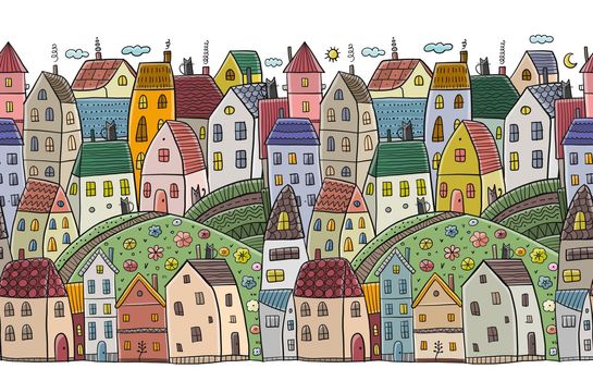Childish town street landscape with houses on road. Cute city in scandinavian style. Cartoon village buildings, seamless pattern background. Illustration of town childish street with buildings