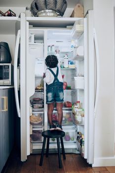 You have to have eyes in the back of your head. Shot of a toddler taking food from the fridge at home.