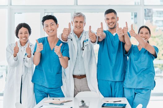 As confident as they are capable. Portrait of a group of medical practitioners showing thumbs up together in a medical office.