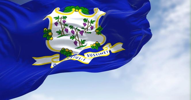 The state flag of Connecticut waving in the wind. Connecticut is the southernmost state in the New England region of the United States. Democracy and independence. US state.
