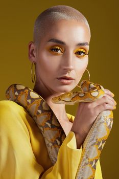 Even the devil was once an angel. Shot of a fashionable woman holding a snake while modelling a yellow concept.