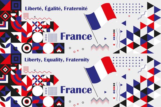 Two abstract backgrounds with the name of the country in the native French language and in English. Illustration for France National day.