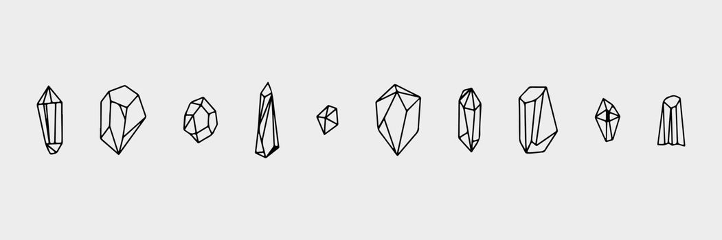 Hand drawn vector isolated crystal icon. Black outline illustration of crystal. Witchcraft aesthetic tools. Bohemian concept.