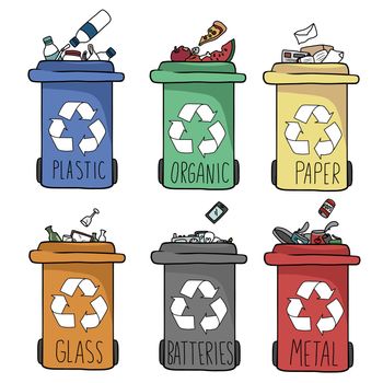 Different of garbage bins types for recycling info graphic vector illustration