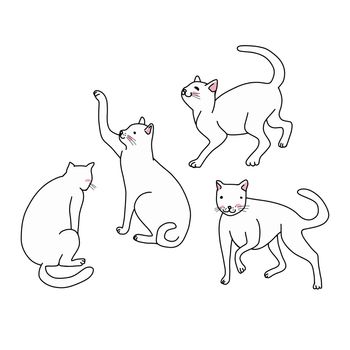 White cat pose set cartoon vector illustration