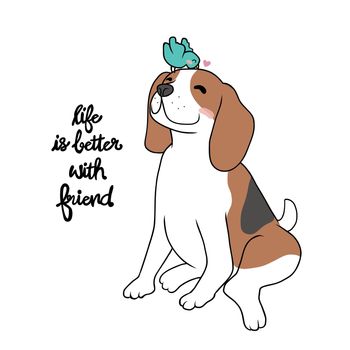 Corgi dog with little bird friend, Life is better with friend word cartoon vector illustration