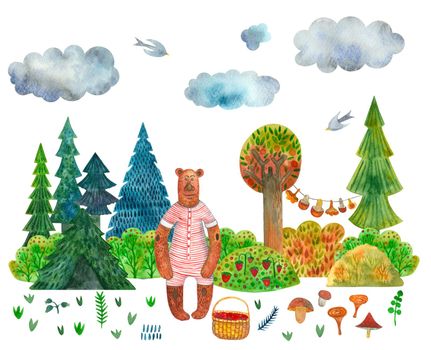 Watercolor illustration bear in a summer forest with a basket of berries against the backdrop of a den and berry bushes.