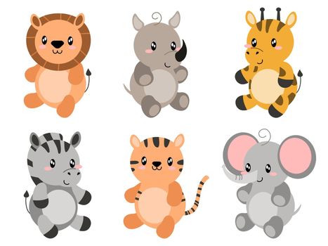 Cute wild animals set including lion, tiger, rino, zebra, giraffe, and elephant. Safari jungle animals vector. Woodland animal illustration.