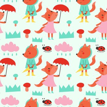 Cute seamless autumn vector pattern with foxes in the rainy forest. Pattern with mood of rainy forest, mushrooms and foxes. For dresses, textiles, wallpapers, designer paper, etc EPS
