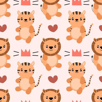 Seamless pattern with cute wild animal. Tiger and lion. African safari. Vector illustration Scandinavian style flat design. Concept for kids, textile print, poster, card EPS