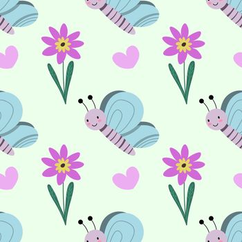 Cute floral seamless pattern. Cartoon bugs, plants, herbs, flowers. Vector illustration on white background. Childish ornament for wrapping paper and textile. EPS