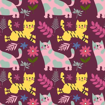 Cute cats and floral bouquets on the purple background. Vector seamless pattern. Pets and flowers. Nature print. Digital illustration with animals EPS