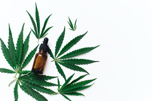 Dropper bottle with CBD oil and hemp leaves. Cosmetic serum CBD on a white background. Copy space