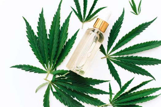 Hemp CBD oil in a bottle on a white background with hemp leaves, biomedicine and ecology, hemp grass, medicine, cbd oil from a medical extract.