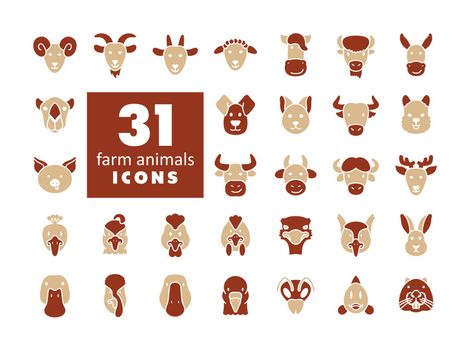 Farm animals glyph isolated icons set. Vector head illustration. Agriculture sign. Graph symbol for your web site design, logo, app, UI. EPS10.