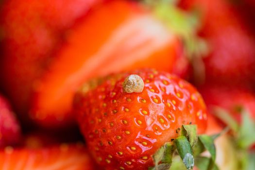 Macro photo of little snail on top of red appetizing strawberry