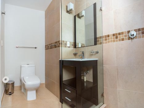 The bathroom and toilet in beige tiles. Modern repair.