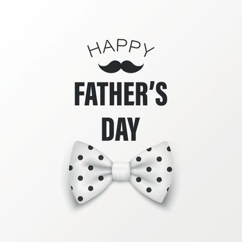 Vector Fathers Day Banner. Text with 3d Realistic Silk White Polka Dot Bow Tie. Glossy Bowtie, Tie Gentleman. Fathers Day Holiday Concept. Design Template for Greeting Card, Invitation, Poster, Print