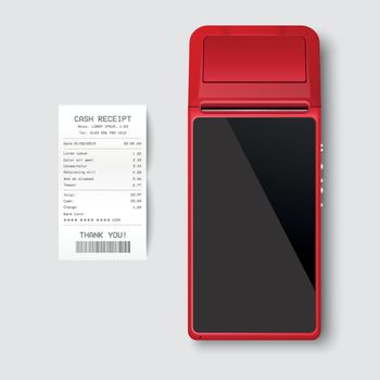 Vector 3d Red NFC Payment Machine and Paper Check, Receipt Isolated. Wi-fi, Wireless Payment. POS Terminal, Machine Design Template of Bank Payment Contactless Terminal, Mockup. Top VIew