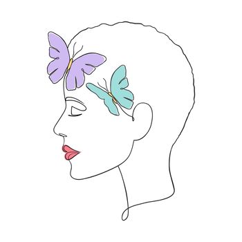 Minimal woman face with butterflies.