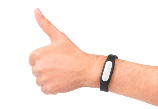 Man's hand with fitness bracelet shows Like on a white background