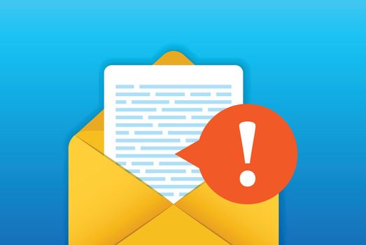 Alert message envelope icon in flat style. Email virus vector illustration on isolated background. Mail exclamation sign business concept.