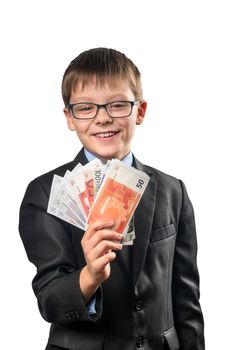 Schoolboy with money in hands