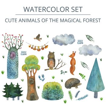 Vector Watercolor set with squirrel, owl, swallows, birds and trees in childish style.
