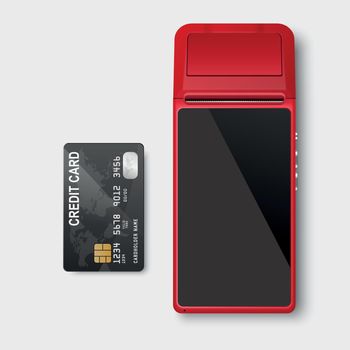 Vector 3d Red NFC Payment Machine and Credit Payment Card Isolated. Wi-fi, Wireless Payment. POS Terminal, Machine Design Template of Bank Payment Contactless Terminal, Mockup. Top VIew