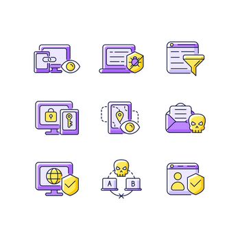 Internet surveillance purple RGB color icons set