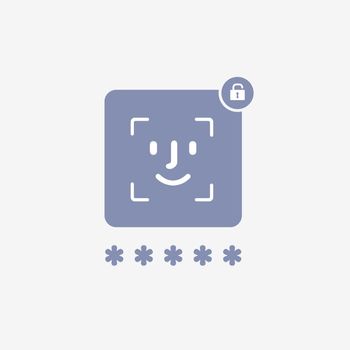 Secure password entry with biometrics - face and eye authentication vector icon. Passkeys, Single sign-on concept with shield and password field. Cyber security, data protection and privacy concept
