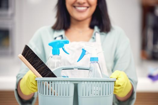 A basket to make it better. a woman holding a basket with cleaning supplies.