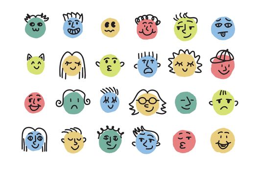 Different emotions and moods. Drawing simple round faces hand drawn cartoon doodle style