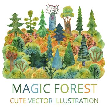 Cute vector illustration of colorful bushes and trees in children's style Magic forest