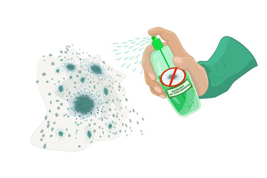Hand with disinfectant spray bottle for mold clean isolated on white background.