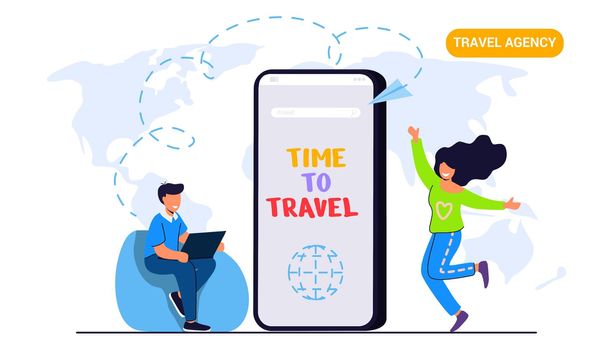 Travel around the world Time to travel Young couple adventurous Travel agency chooses the tour desk Touristic service flat vector illustration with travel company manager. Consulting clients on phone or online