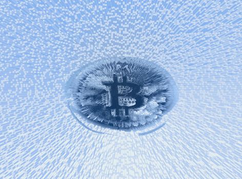 The currency of the future. Conceptual image of a single bitcoin against a blue background.