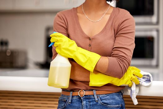 A clean home is a healthy home. a woman holding cleaning supplies in her kitchen.