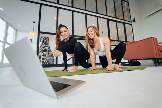 Two charming sports women, do yoga poses, exercises at home