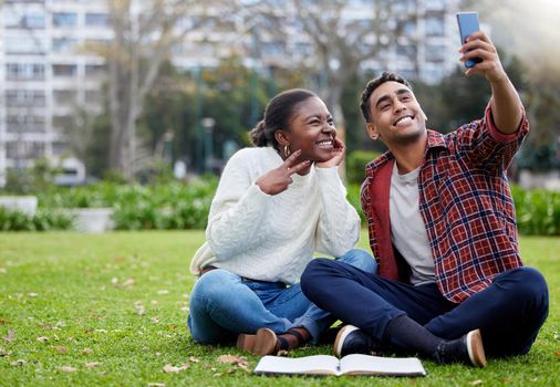 Will break for selfies. a young man and woman taking selfies on a study break at college.