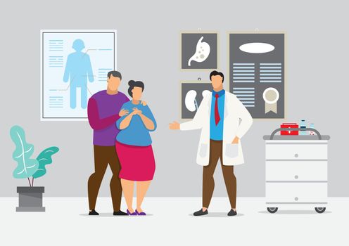 Family doctor's health care concept. Husband takes his wife to see a doctor for a check-up. Vector illustration